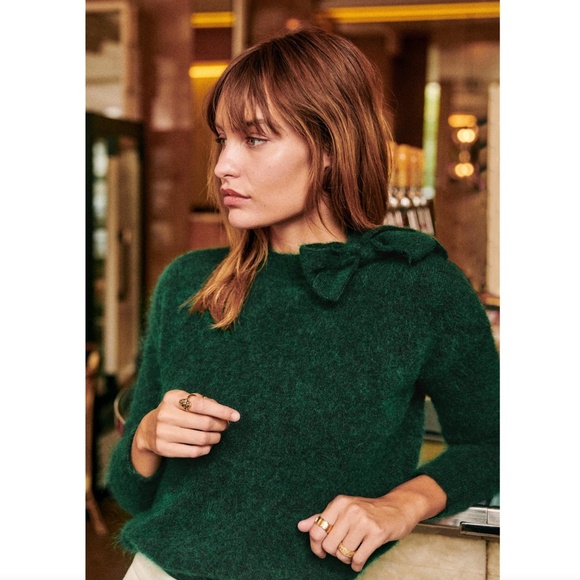 Sezane Zita Jumper Sweater Elegant Green Bow Detail Long Sleeve Medium